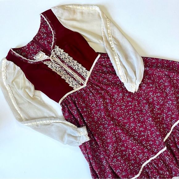 Gunne Sax Burgundy and Cream Midi Dress - Picture 2 of 15